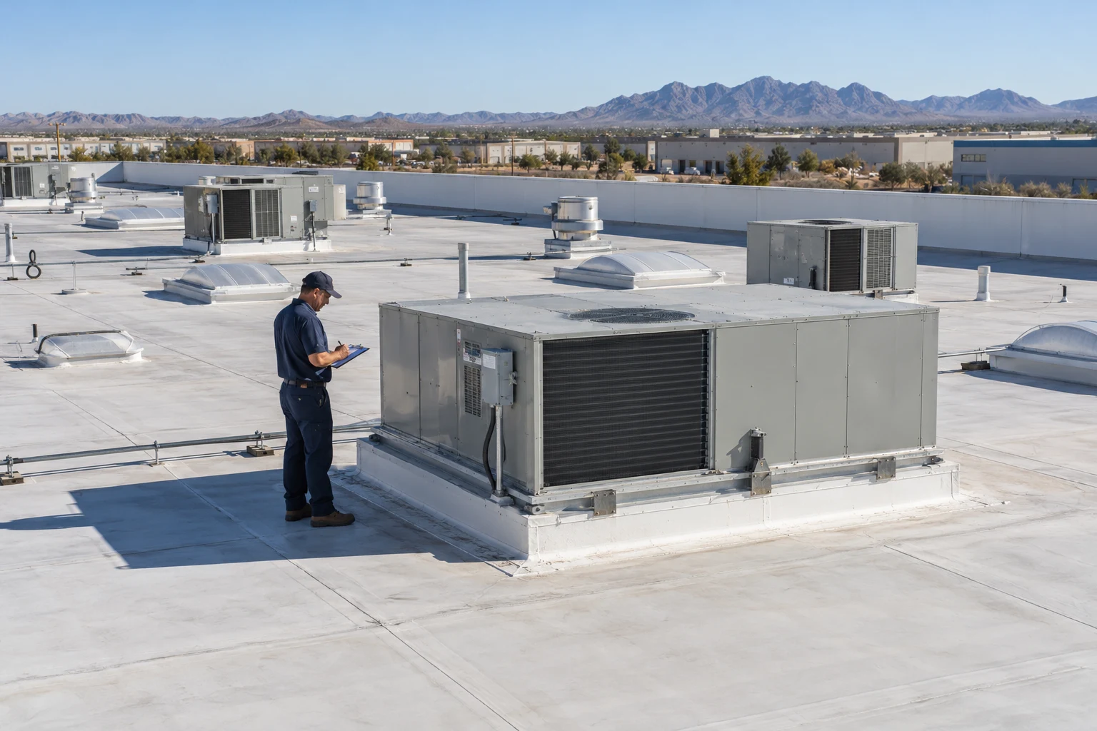 Technician reviewing rooftop equipment on a broad commercial building roof